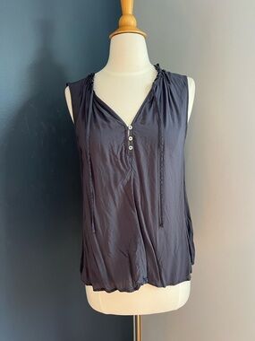 H&M Charcoal Gray Sleeveless Blouse Drawstring Neck Relaxed Fit Top